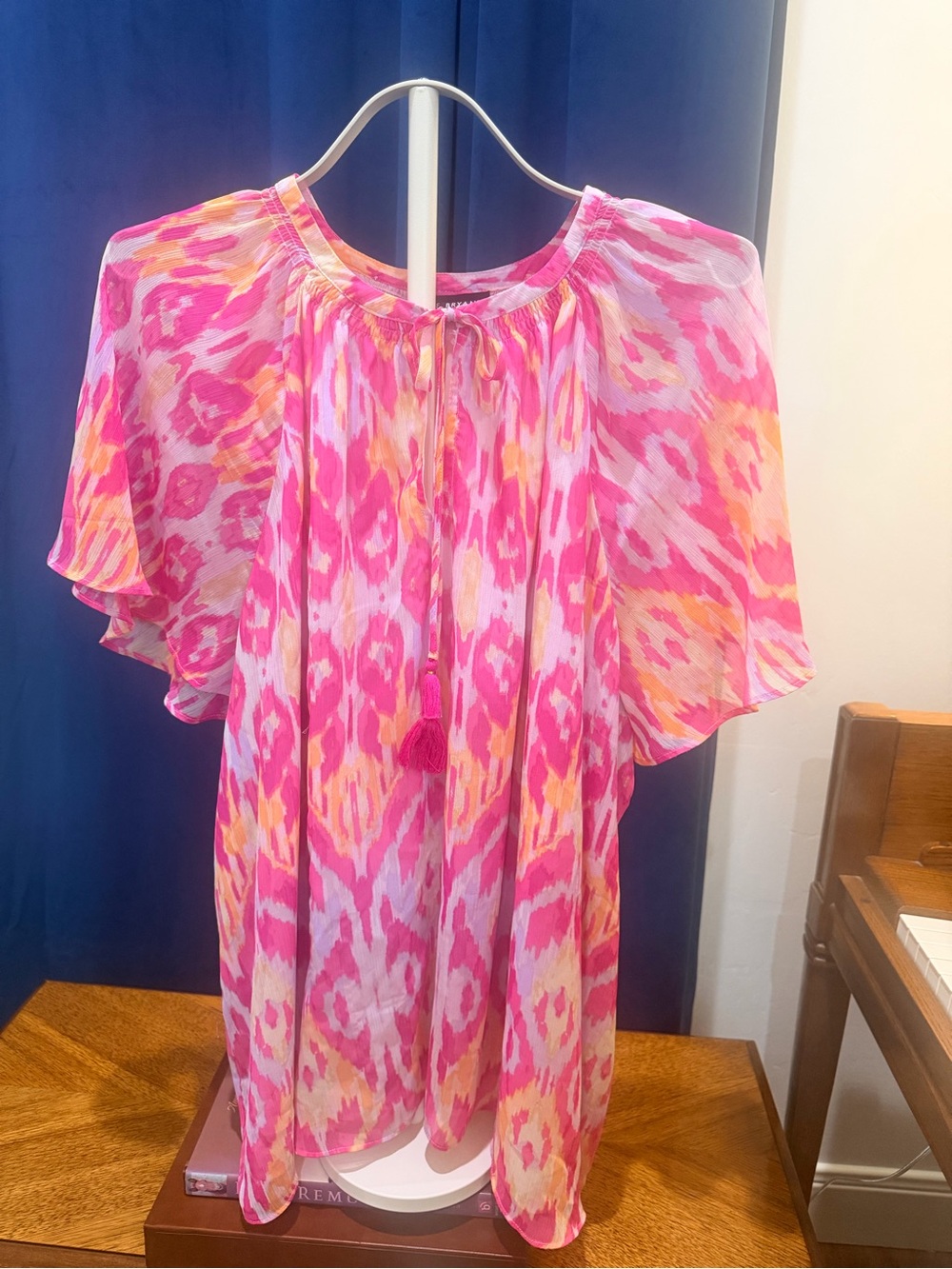 Lane Bryant Pink & Yellow Printed Tassel Tie Flutter Sleeve Tunic